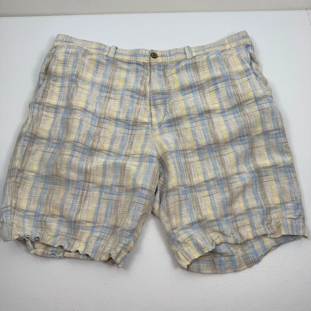 Tommy Bahama Mens Plaid Linen Blend Shorts Blue Yellow Tan Size‎ 40 Flat Front